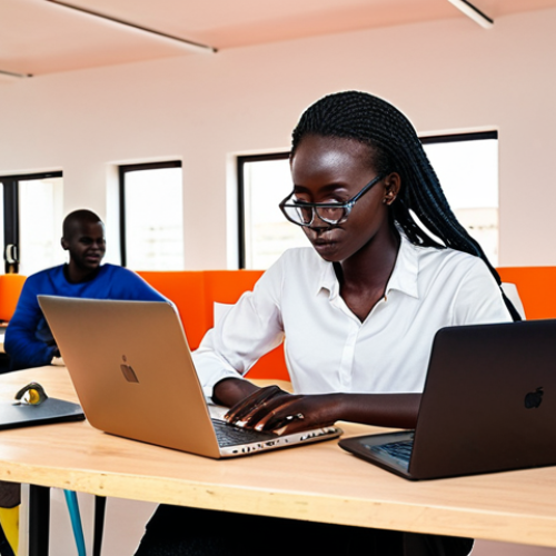 Home 15 **A Senegalese freelancer working on a laptop in a modern coworking space in Dakar. Focus on the diverse group of professionals and the vibrant, collaborative atmosphere. Show elements of modern technology blended with local Senegalese design.** (Focuses on the modern work environment)