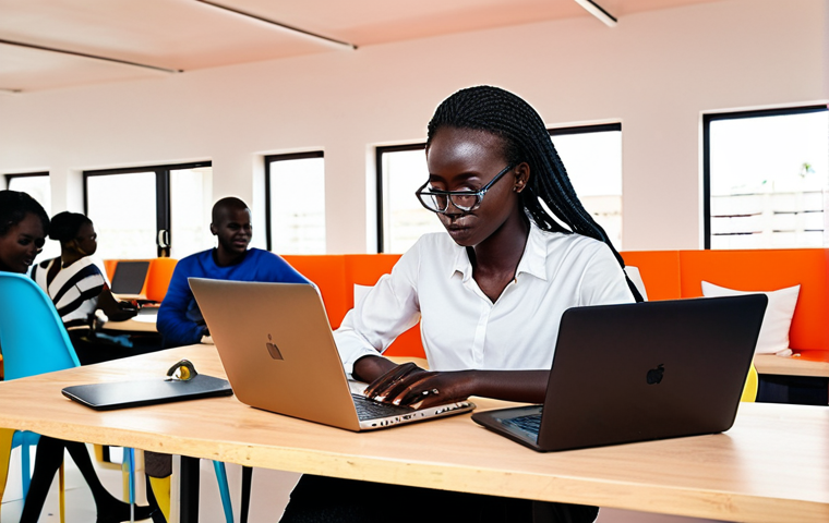 **A Senegalese freelancer working on a laptop in a modern coworking space in Dakar. Focus on the diverse group of professionals and the vibrant, collaborative atmosphere. Show elements of modern technology blended with local Senegalese design.** (Focuses on the modern work environment)
