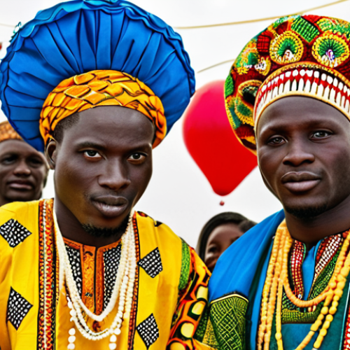 Home 14 **
A vibrant Senegalese wedding scene. Guests are dressed in colorful wax print fabrics, featuring geometric and floral patterns in yellow, red, blue, and green. Men wear traditional boubous with intricate embroidery. Focus on the explosion of color and the celebratory atmosphere.
**