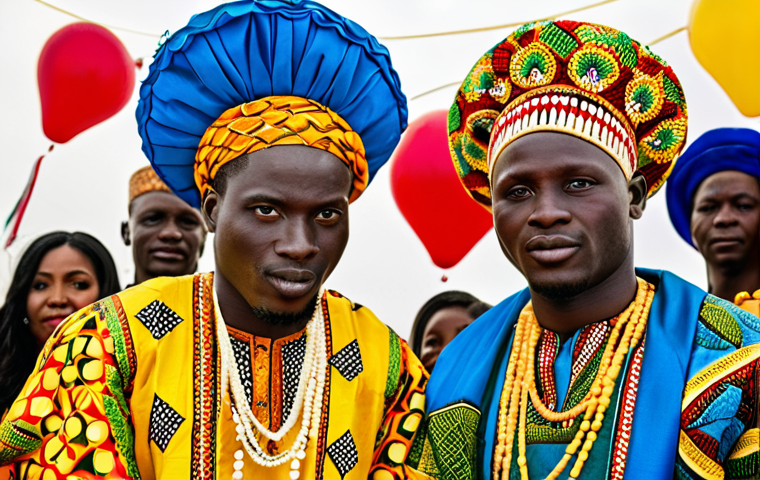 **
A vibrant Senegalese wedding scene. Guests are dressed in colorful wax print fabrics, featuring geometric and floral patterns in yellow, red, blue, and green. Men wear traditional boubous with intricate embroidery. Focus on the explosion of color and the celebratory atmosphere.
**