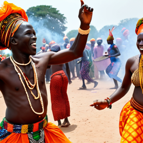 Home 7 **Vibrant Senegalese Festival Dance:** A dynamic and colorful scene depicting energetic dancers in richly patterned traditional boubous (African attire), with a focus on vibrant orange and other bold hues. Drummers are intensely playing sabar and djembe drums, their rhythms palpable in the air. The atmosphere is filled with joy, community, and a subtle haze of incense smoke, capturing the fluid movements and contagious passion of a Senegalese festival.
