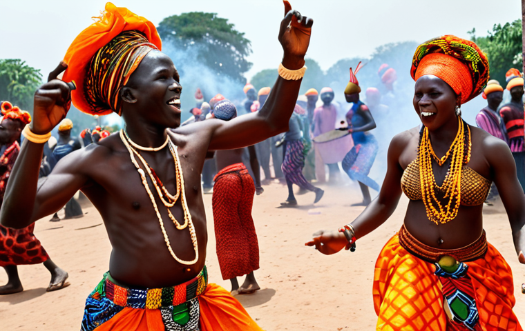 **Vibrant Senegalese Festival Dance:** A dynamic and colorful scene depicting energetic dancers in richly patterned traditional boubous (African attire), with a focus on vibrant orange and other bold hues. Drummers are intensely playing sabar and djembe drums, their rhythms palpable in the air. The atmosphere is filled with joy, community, and a subtle haze of incense smoke, capturing the fluid movements and contagious passion of a Senegalese festival.