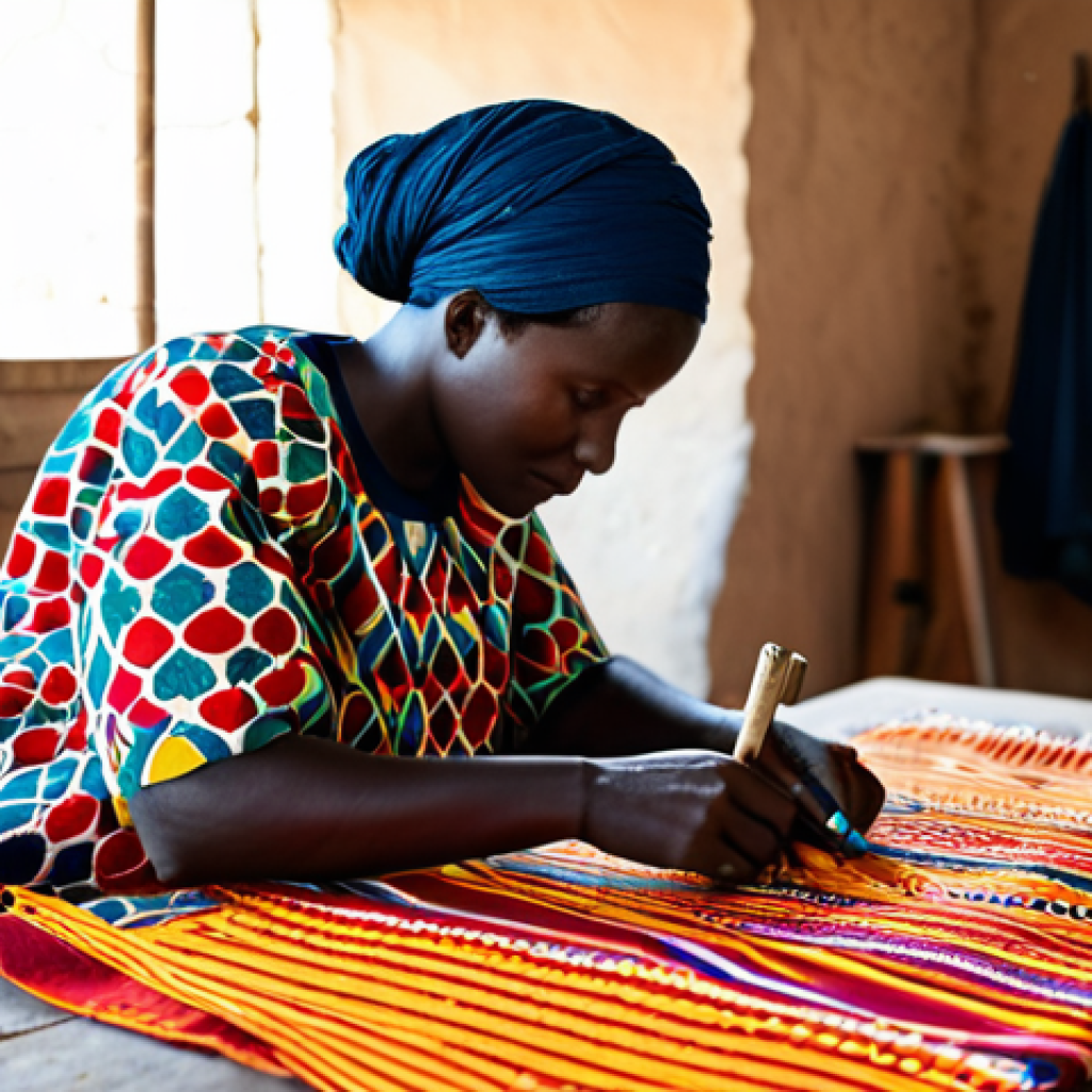 **

A skilled Senegalese artisan in their workshop, carefully crafting a vibrant, traditionally patterned fabric. The artisan is fully clothed in modest, professional work attire, focused on their craft. The workshop is filled with colorful textiles, tools, and natural light. Capture perfect anatomy, correct proportions, and a natural pose. Safe for work, appropriate content, family-friendly, professional. High-quality, detailed image.

**