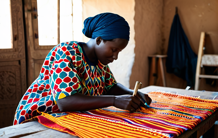**

A skilled Senegalese artisan in their workshop, carefully crafting a vibrant, traditionally patterned fabric. The artisan is fully clothed in modest, professional work attire, focused on their craft. The workshop is filled with colorful textiles, tools, and natural light. Capture perfect anatomy, correct proportions, and a natural pose. Safe for work, appropriate content, family-friendly, professional. High-quality, detailed image.

**