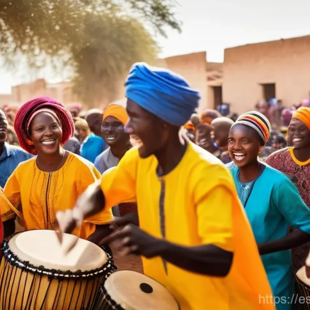 세네갈 전통 음악 - **"A vibrant outdoor scene in a Senegalese village, bathed in warm, golden hour light. At the center...