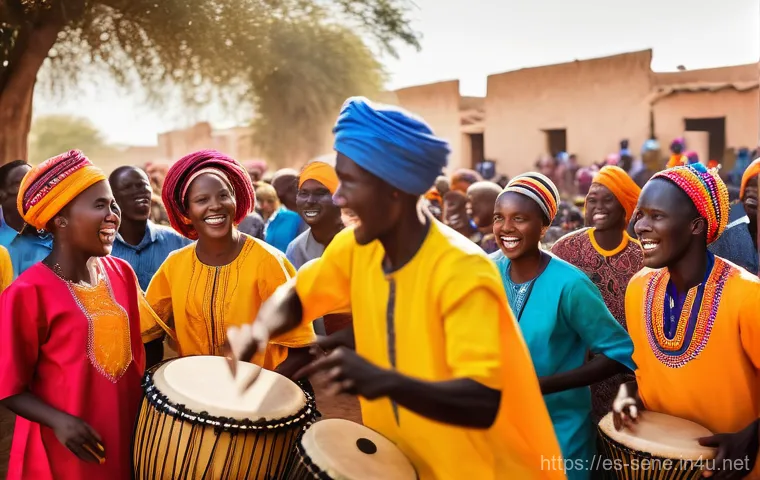 세네갈 전통 음악 - **"A vibrant outdoor scene in a Senegalese village, bathed in warm, golden hour light. At the center...