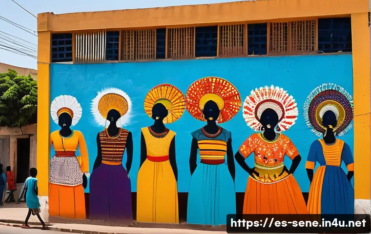 세네갈의 미술과 예술가 - A vibrant, large-scale mural covering a building facade in the Medina neighborhood of Dakar. The mur...
