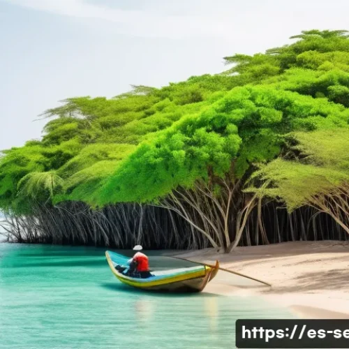 세네갈에서 가볼 만한 섬 - A vibrant coastal scene of Senegalese islands featuring golden sand dunes under a bright sun, pristi...