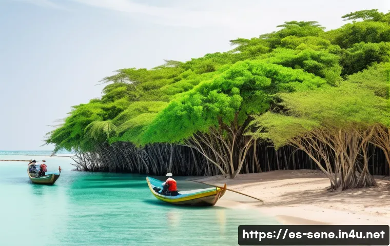 세네갈에서 가볼 만한 섬 - A vibrant coastal scene of Senegalese islands featuring golden sand dunes under a bright sun, pristi...