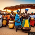 세네갈 음악 축제 - A vibrant outdoor music festival scene in Senegal during sunset, featuring a diverse group of musici...