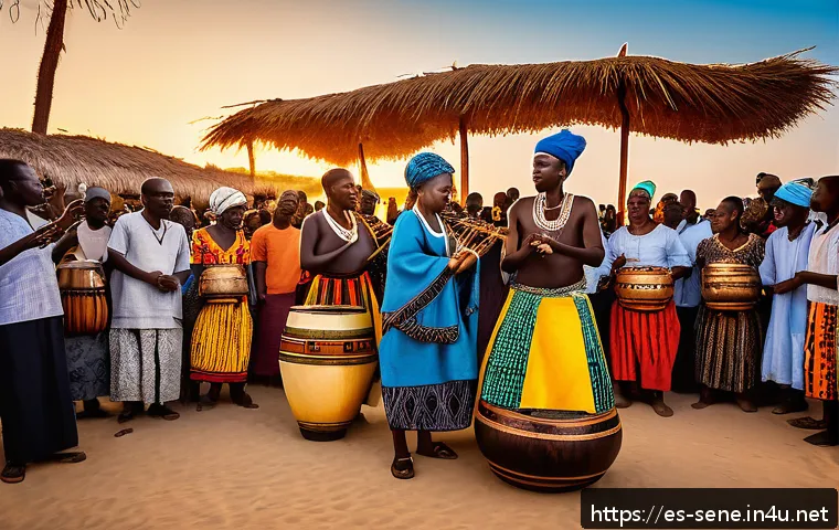 세네갈 음악 축제 - A vibrant outdoor music festival scene in Senegal during sunset, featuring a diverse group of musici...