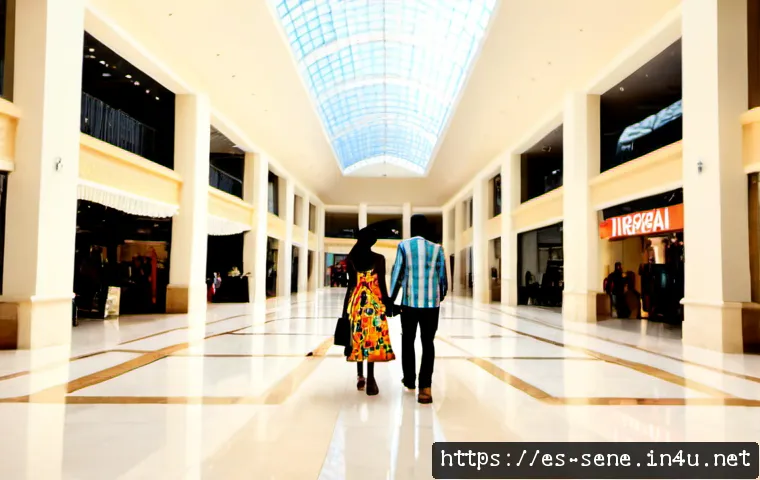 세네갈에서 쇼핑몰 방문기 - Photorealistic wide interior view of a modern shopping mall in Dakar, Senegal, a Spanish-speaking to...