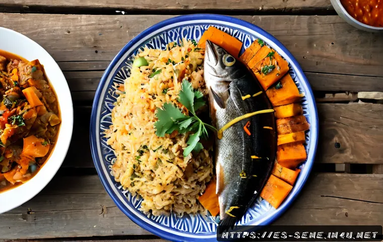 Home 17 세네갈 유명 요리 - Photorealistic overhead food photography of Senegalese thieboudienne, a generous shared platter of s...