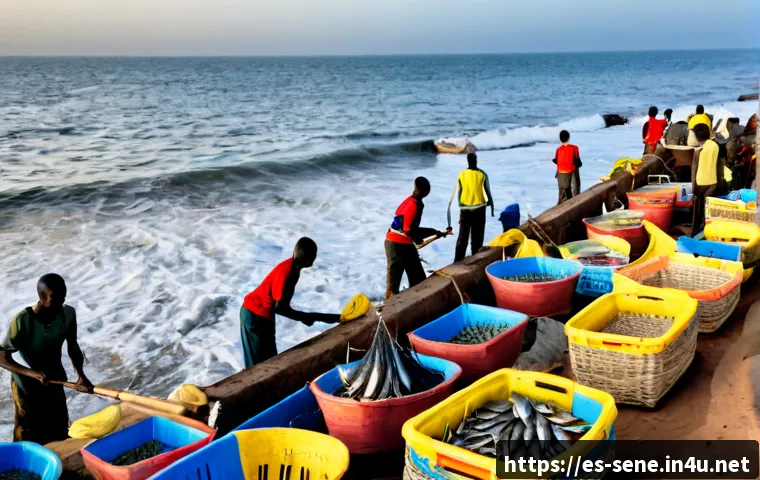 세네갈 어업 산업 - Photorealistic Senegalese fishing industry at sunrise in Dakar, wide coastal composition with colorf...
