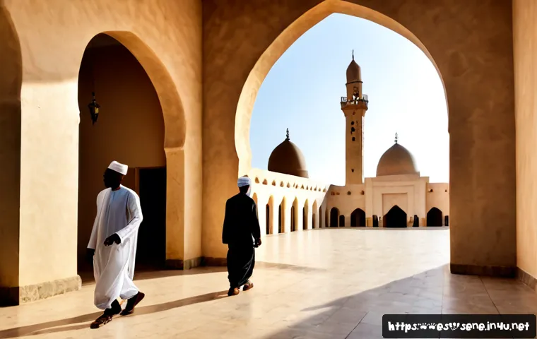 세네갈 이슬람 문화 - Photorealistic early morning scene outside a grand Senegalese mosque in Dakar, elegant pale stone ar...