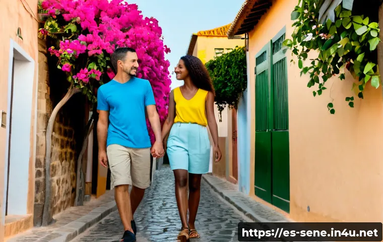 세네갈 섬들 탐방기 - Photorealistic travel scene on Gorée Island, Senegal, a Spanish-speaking couple in casual summer clo...