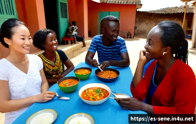세네갈 한인 커뮤니티 - Photorealistic community gathering in Dakar, Senegal, featuring Korean and Senegalese families shari...